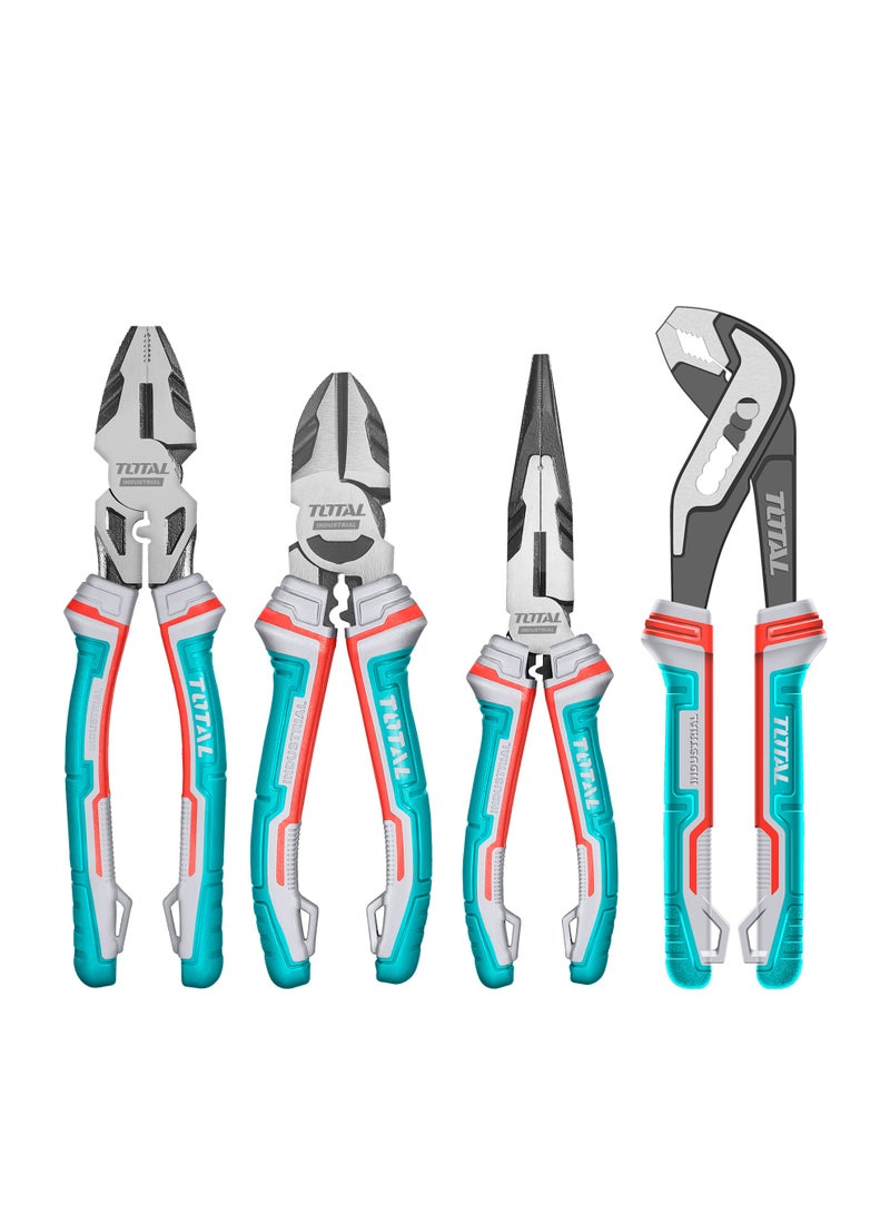 TOTAL Professional Pliers Set, 4 Piece, Cr-V Steel with TPR Tri-Color Handles, 240mm Combination, 180mm Diagonal Cutting, 200mm Long Nose, 250mm Pump Pliers with Crimping and Deburring Functions - Image 1